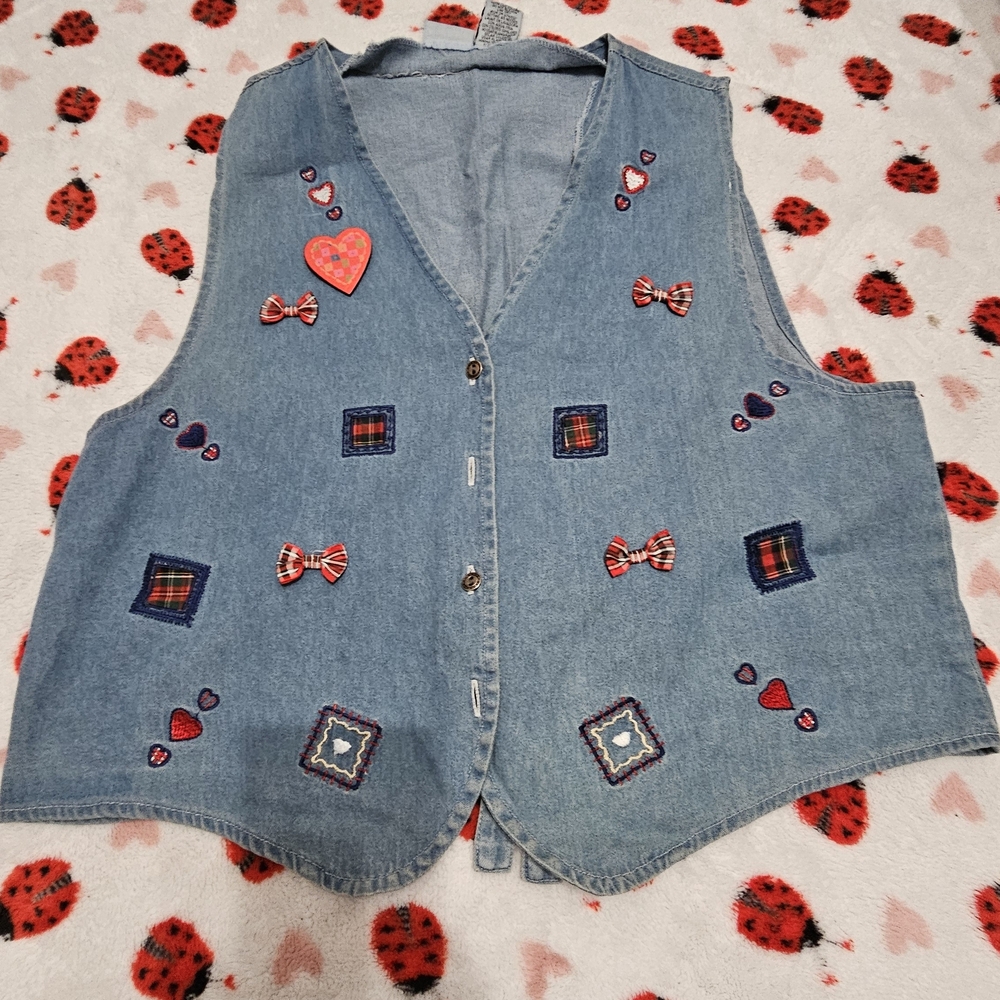 Denim Vest with Heart and Bow Accents